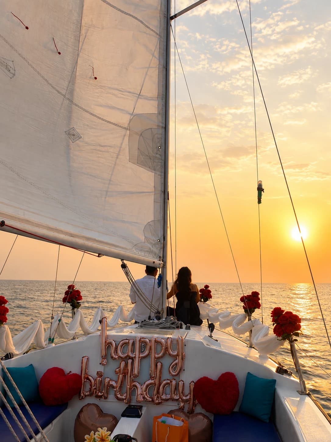 A happy birthday balloon display on the bow at sunset with rose bouquets