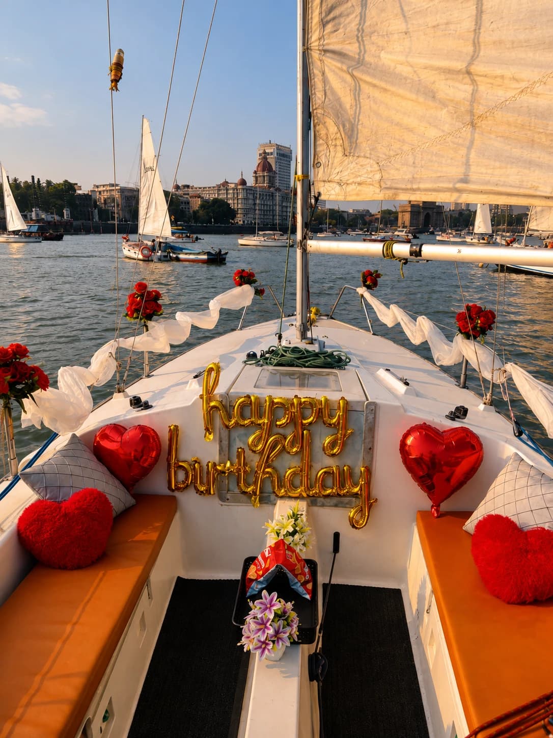 A happy birthday balloon display on the bow with the Taj Mahal Palace in the background