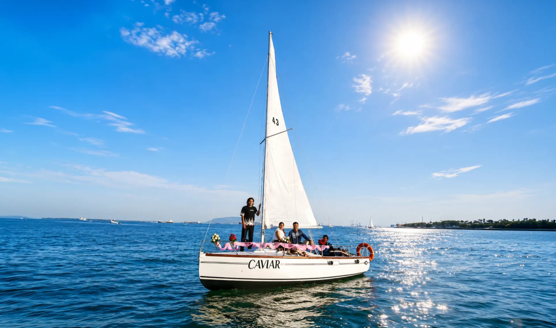The 5 Pax Sailing Boat under full sail with guests aboard, named Caviar