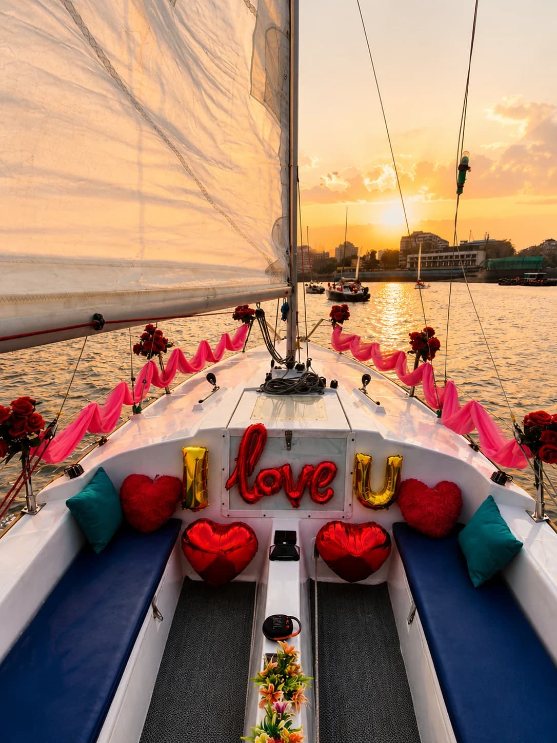 An I Love U balloon display on the bow at sunset with the harbour lit gold