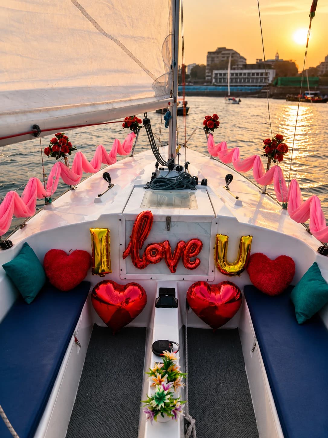 An I Love U balloon display on the bow at sunset with pink drapes