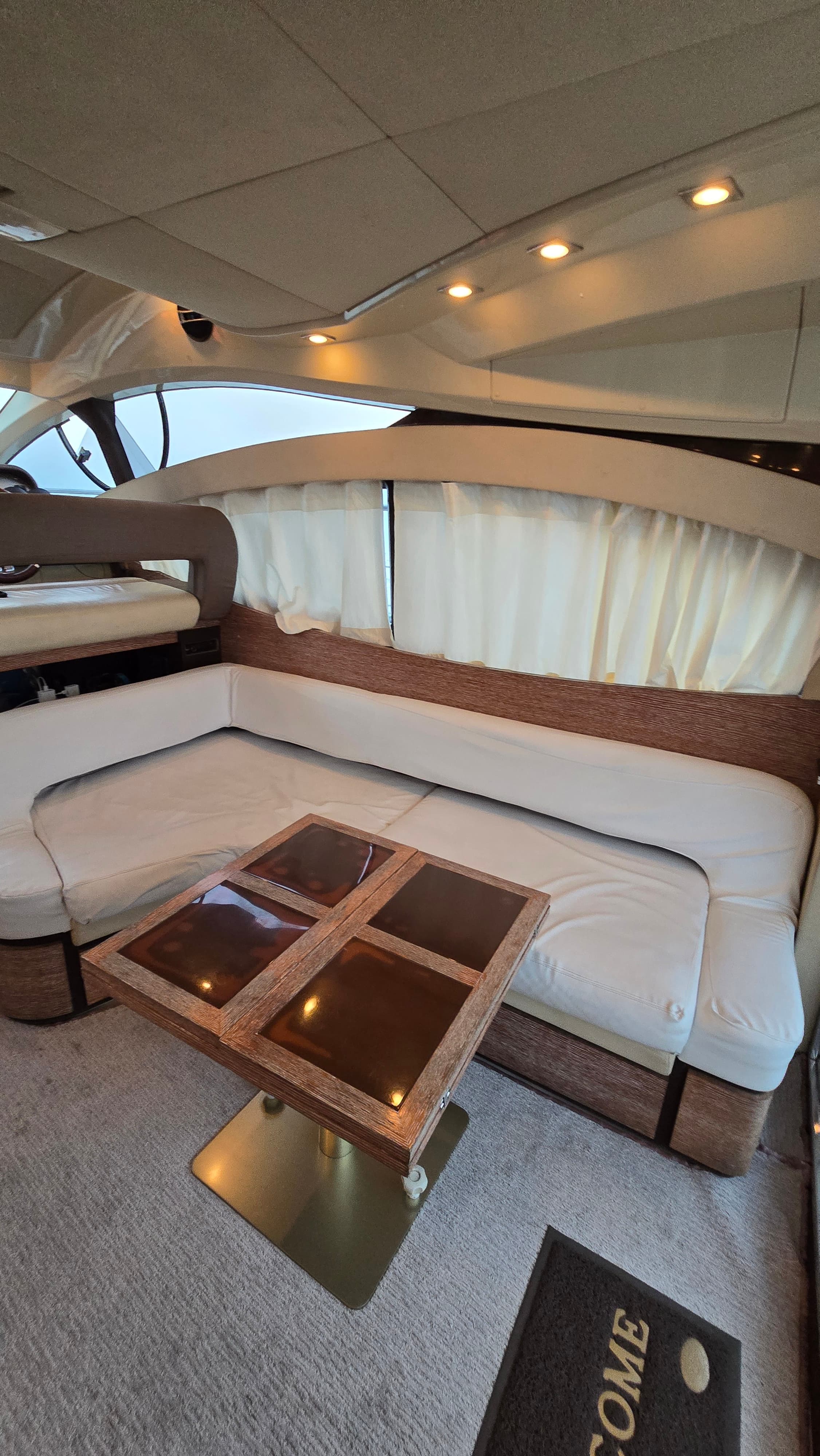 The enclosed saloon interior looking out through the side window