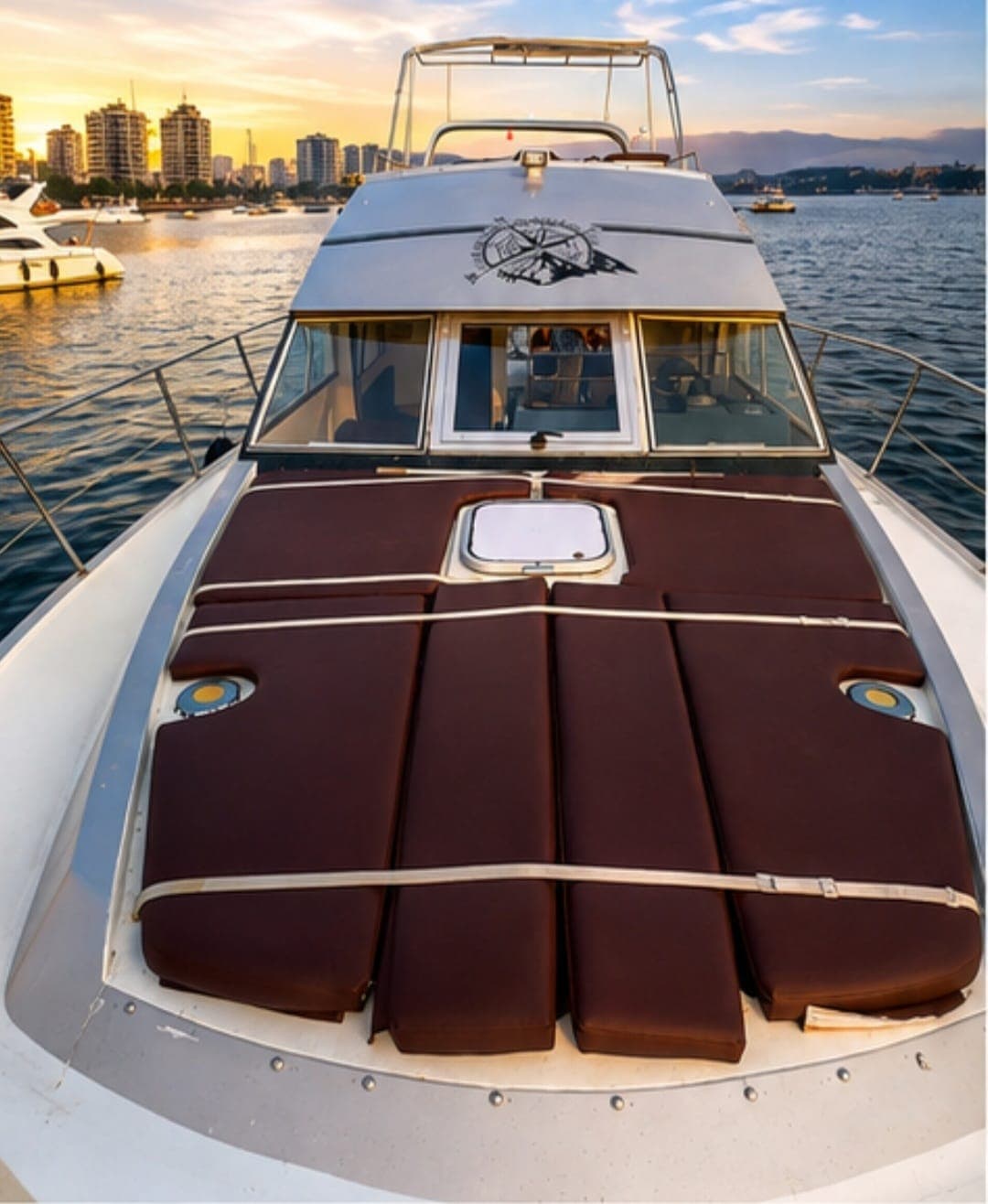 The foredeck sun pad viewed from the flybridge at sunset