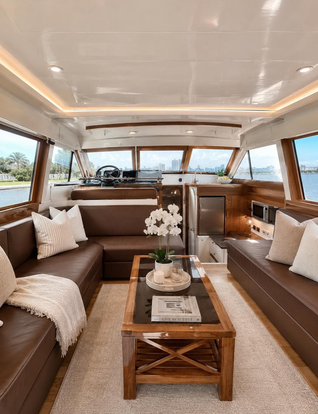 The leather saloon with a wet bar, fridge and coffee table