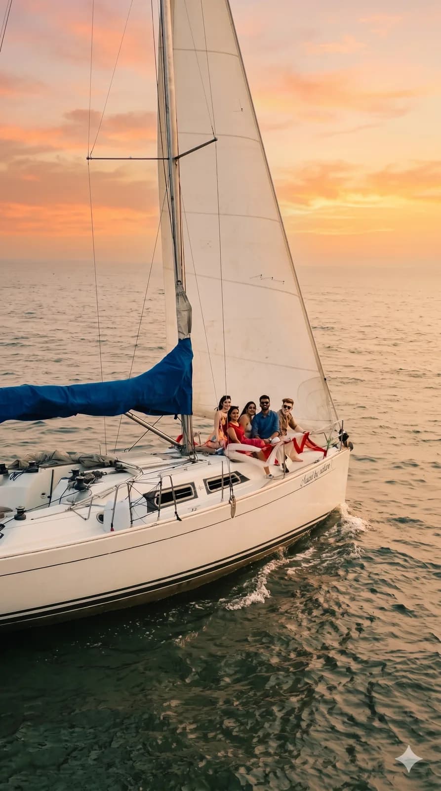 Nauti by Nature, a Hanse 33 sailing yacht in Mumbai, under sail at sunset with guests aboard
