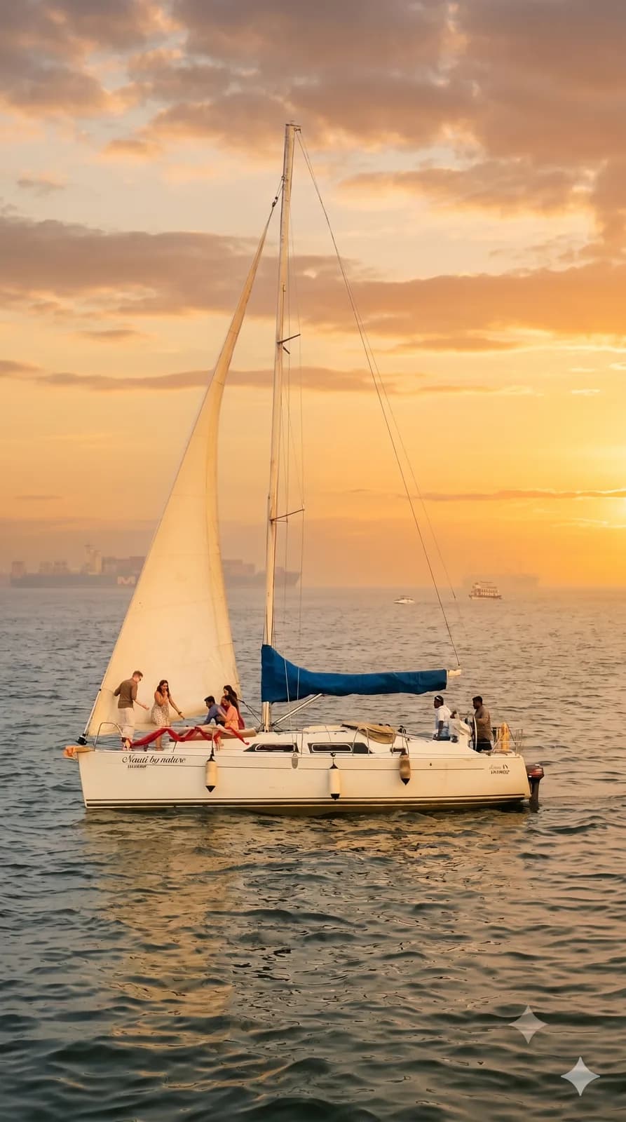 Nauti by Nature under sail at sunset with the Mumbai skyline and ships in the distance