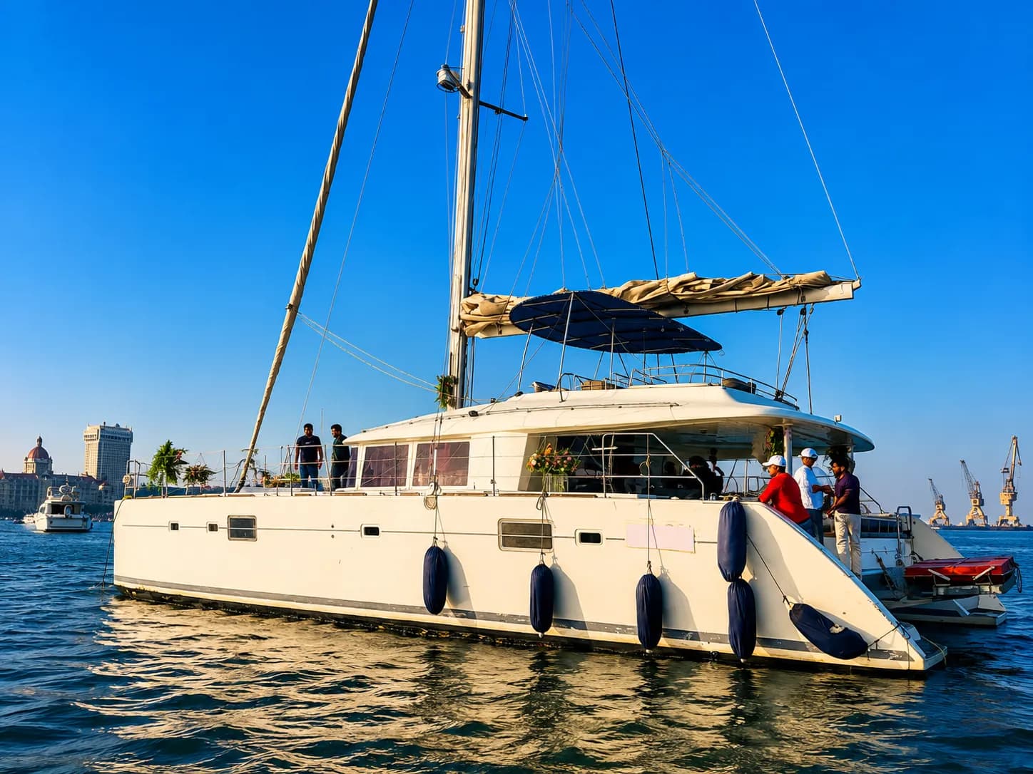 The shaded flybridge lounge looking aft over the water