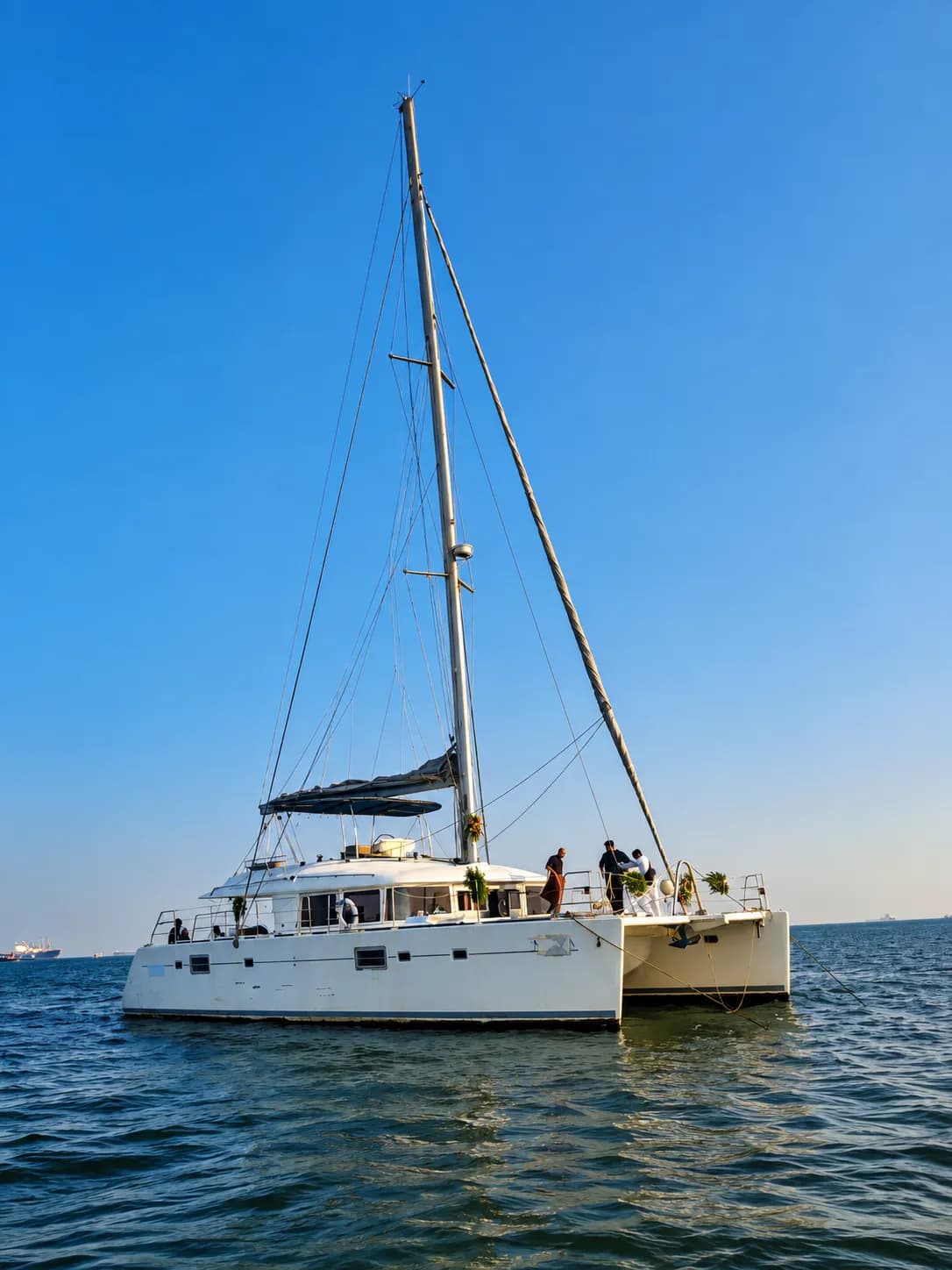 Crew working the mast on the Lagoon 54 under a clear sky
