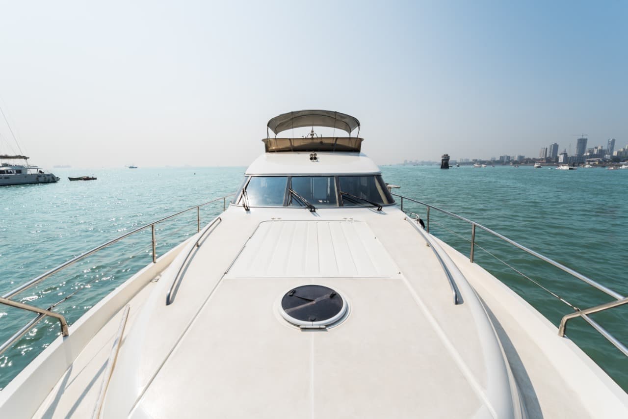View along the Princess 61 foredeck toward the Mumbai coastline