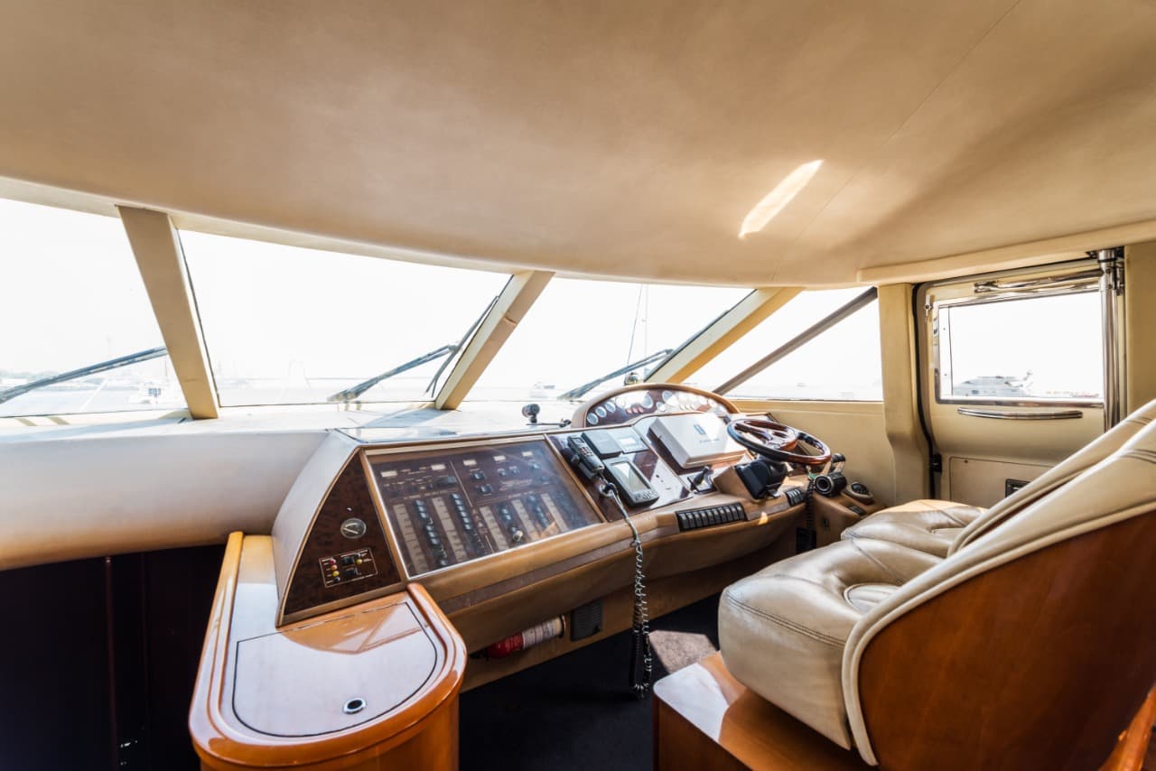 Lower helm station of the Princess 61 with instruments and leather helm seat