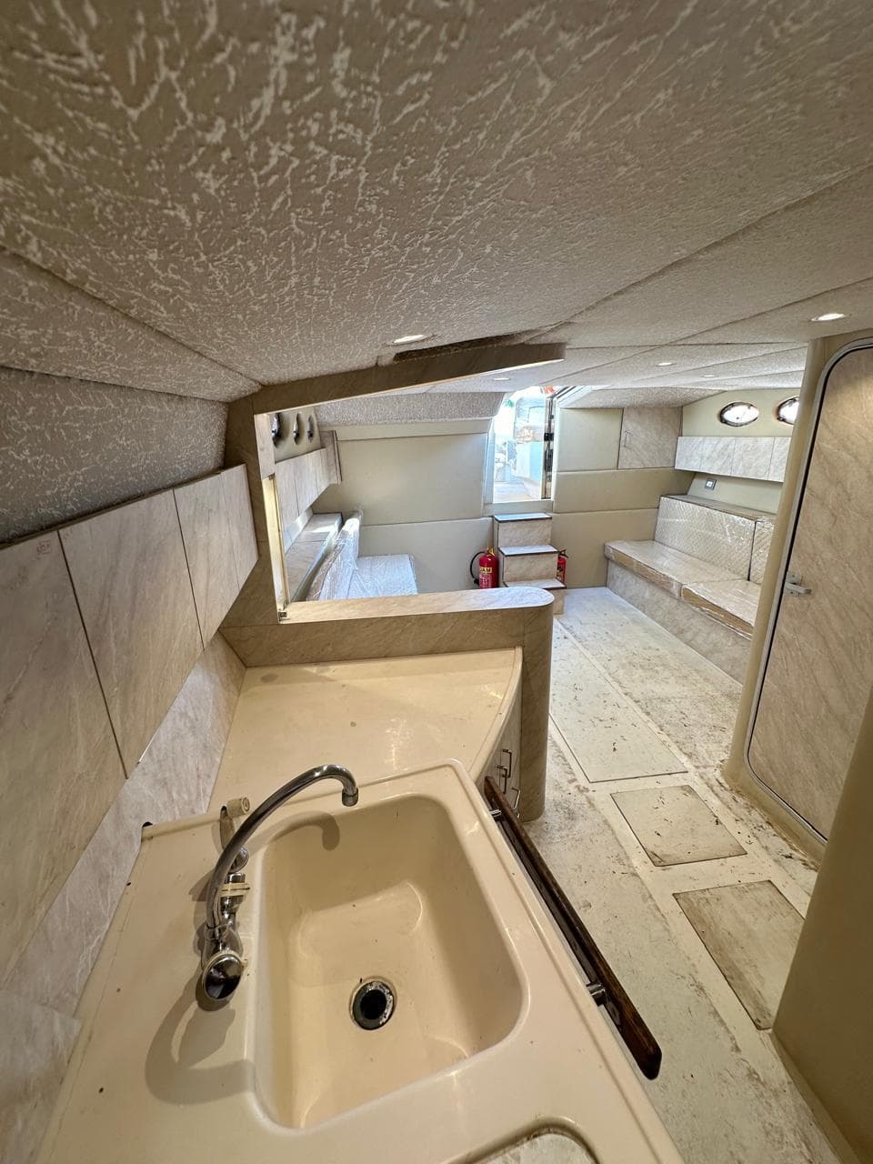 The below-deck cabin and companionway looking toward the seating area