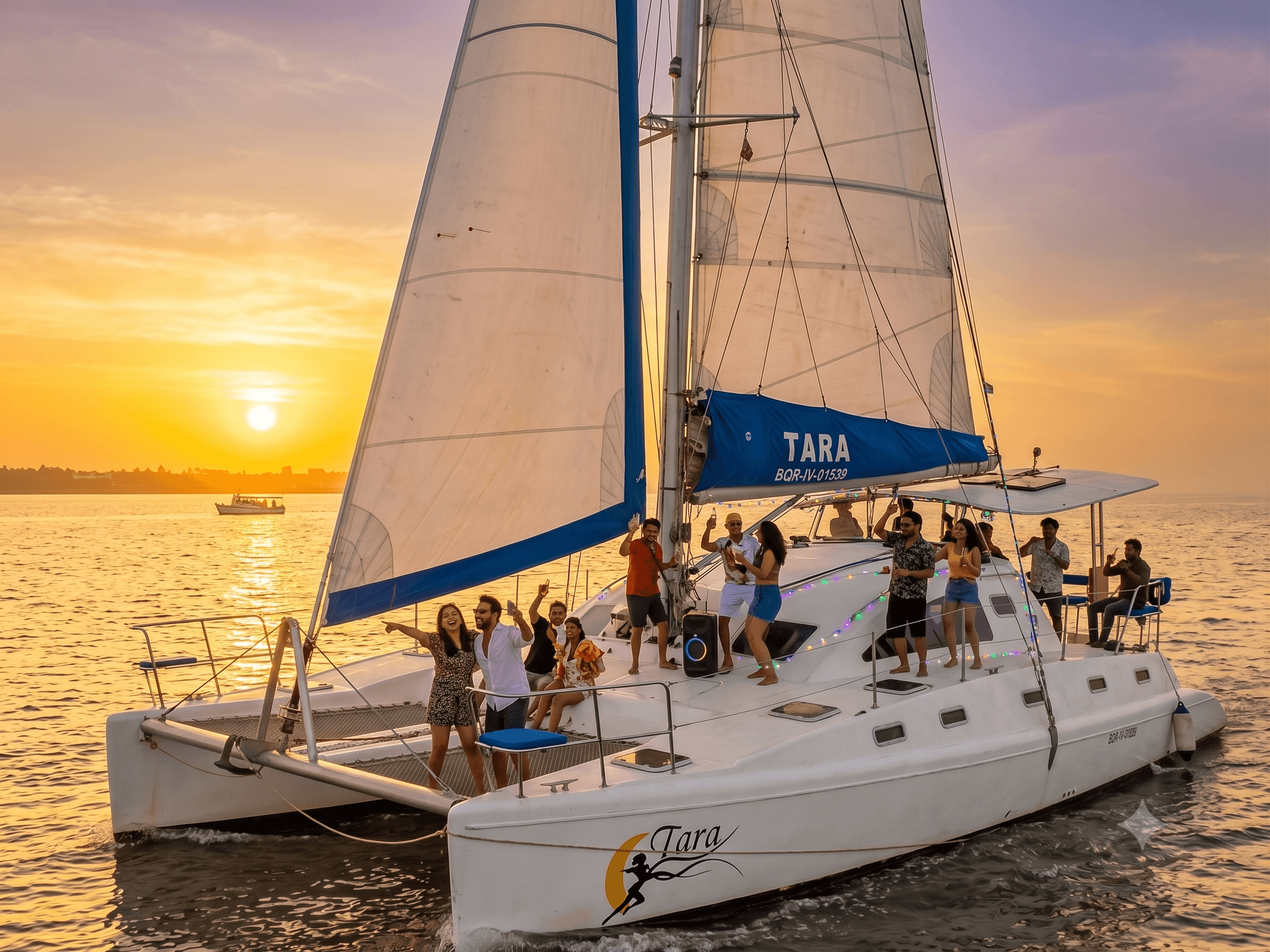 Tara under full sail at sunset with guests dancing on deck, string lights and a JBL speaker