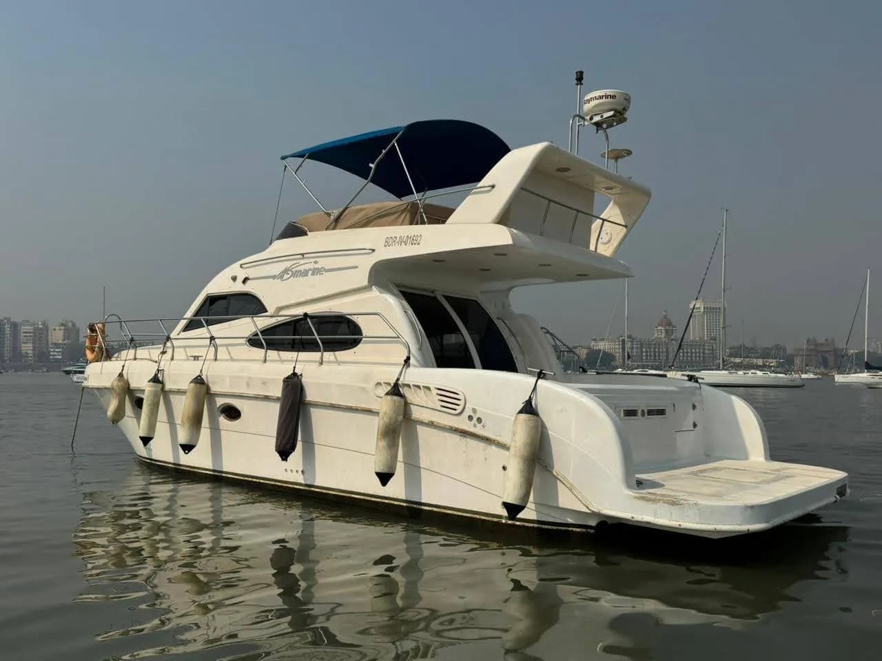 Vari 44's bow with the Gateway of India waterfront in the distance