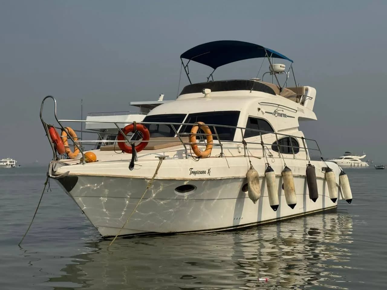 Close-up of the flybridge seating and sun canopy